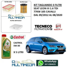 KIT TAGLIANDO 3 FILTRI E OLIO CASTROL 5W30 SEAT LEON III 1.6 TDI 77KW 105 CV