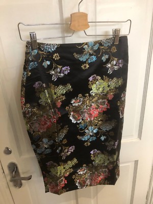 Women's black b'ground, multi coloured Floral Print MidiPencil Skirt. Sizes 8-16