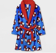 Spider-Man Boy's Superhero Print Hooded Fleece Blue Bathrobe, Robe