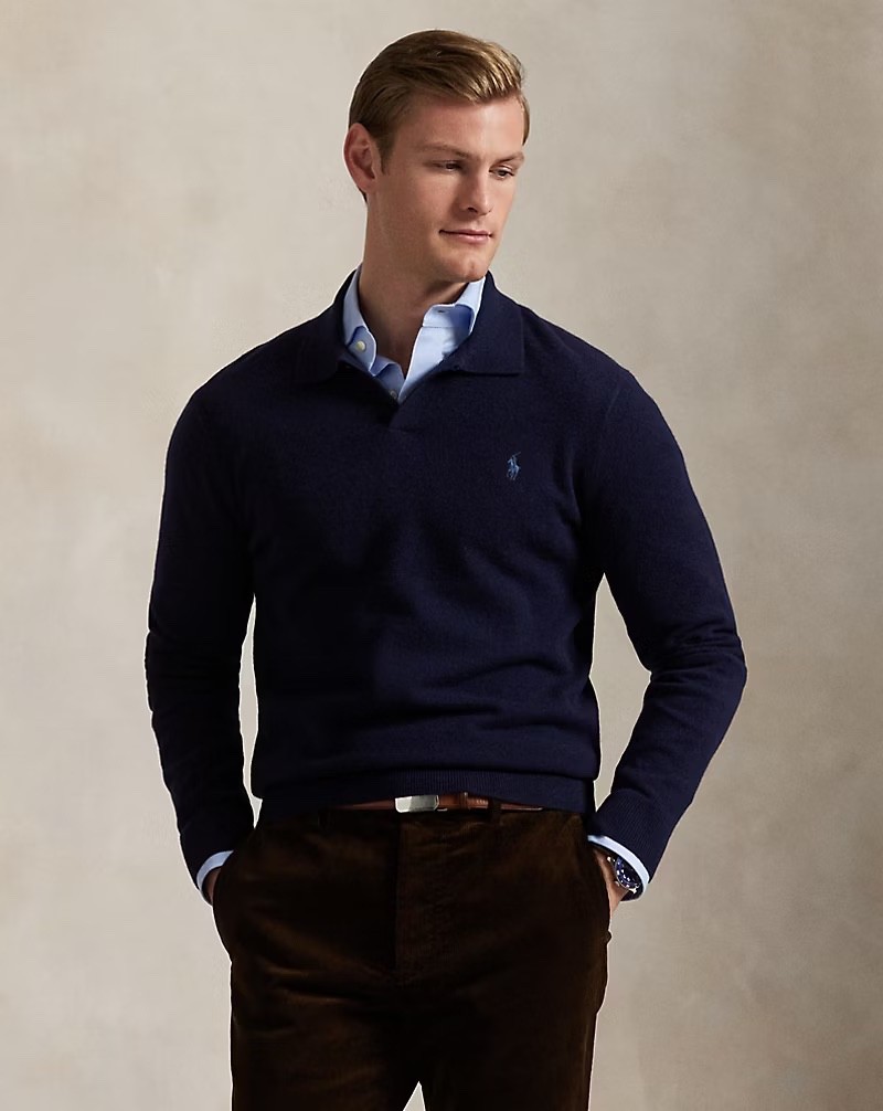 Polo Ralph Lauren Wool Shirt Navy Johnny Collar Sweater Mens 2XL