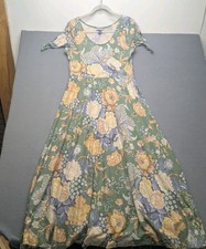 Chaps Floral Birds Maxi Dress Tie Sleeve Green Yellow Cottage Garden Large
