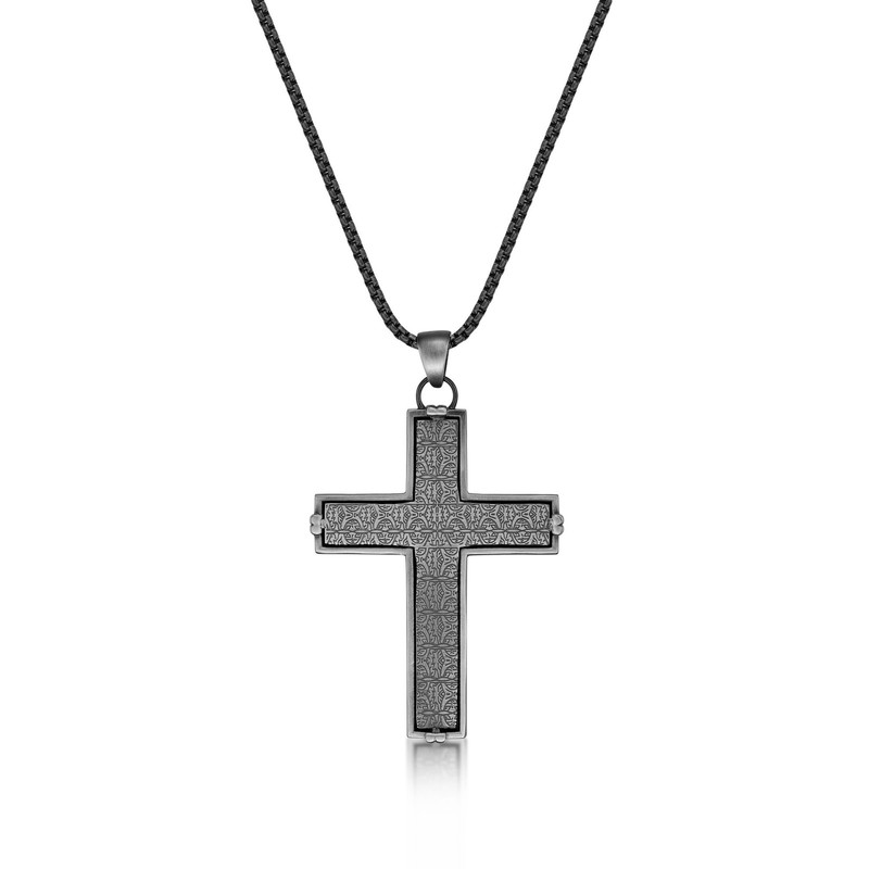 Matte Gray Ion Plated Stainless Steel Cross Pendant Necklace - 24 Inch Box Chain