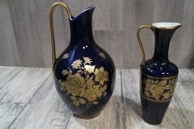 2x Royal Bavaria Porzellan Vase Henkelvase Echt Kobalt, goldene Blumen
