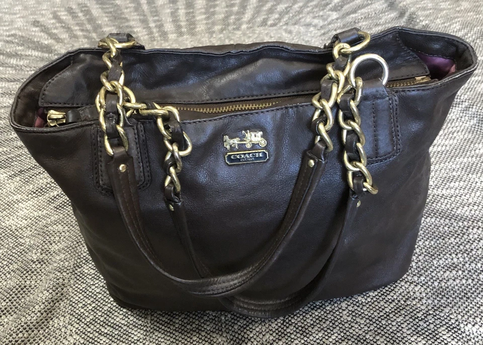 COACH MADISON 20466 Brown Leather Lux Chain Medium Shoulder Bag Tote Purse - Image 2 of 4
