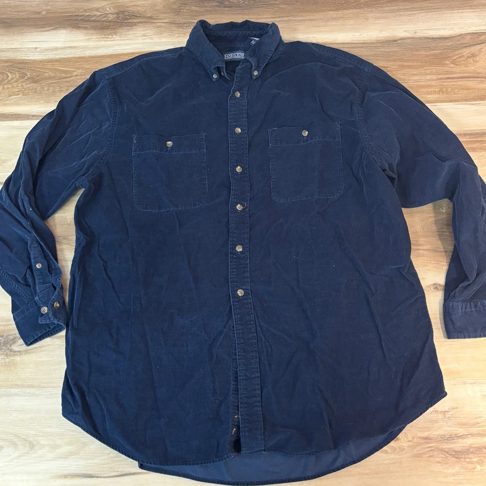 Camisa con botones de pana Lands End para hombre XL azul marino manga larga bolsillos Foto 4 de 4