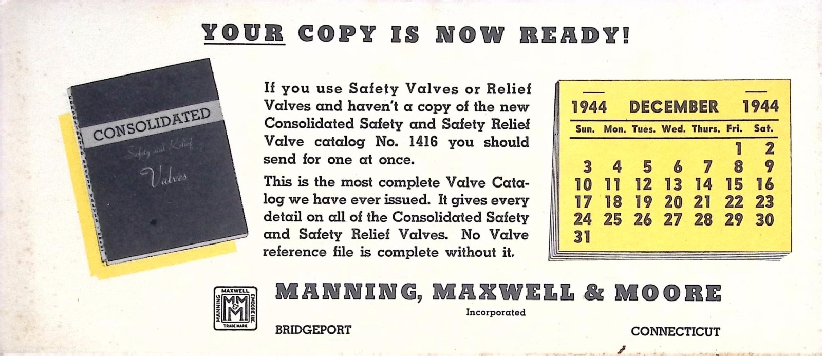 Vintage Consolidated Safety Valve Catalog Advertising Card December 1944
