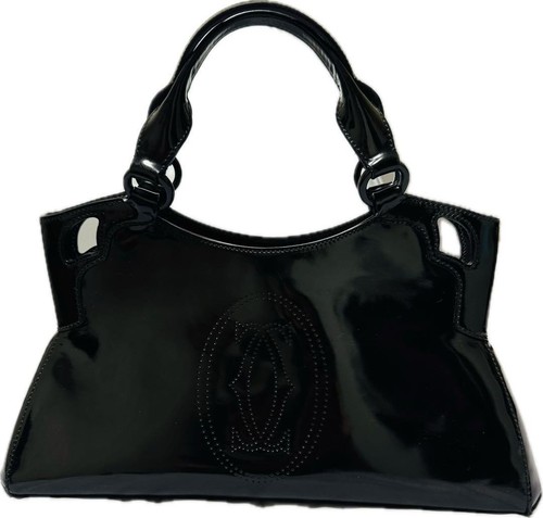 Cartier Authentic Marcello Black Patent Leather Handbag Zip Top Logo Women's