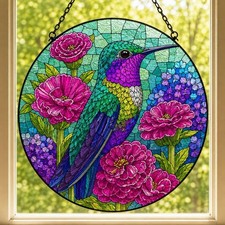 Hummingbird  Pink Flowers Stained Glass Suncatcher Colorful Window Decor Gift