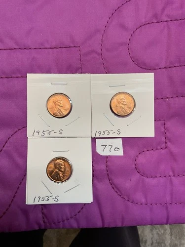 3 1955 S Lincoln Wheat Cent Gem Unc, LOT #770