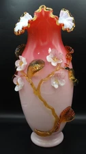 XLG Antique Harrach Cranberry Cased Glass Vase + Applied Pink Opalescent Flowers