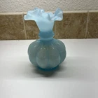 Fenton Melon Blue Ribbed Ruffled Edge Glass Vase.  Vintage 6” tall.