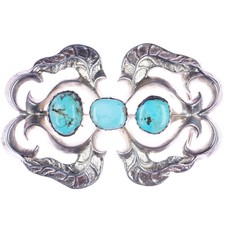 Large Vintage Native American cast sterling silver belt buckle with turquoise