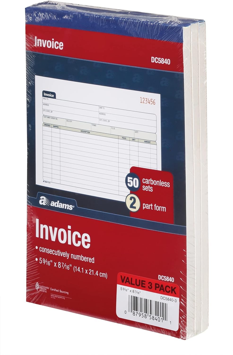 Adams Invoice Book 3 Pack, 2 Part Carbonless Invoices, Horizontal Sales White 