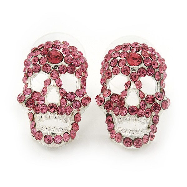 Small Dazzling Pink Crystal Skull Stud Earrings In Silver Plating - 2cm Length