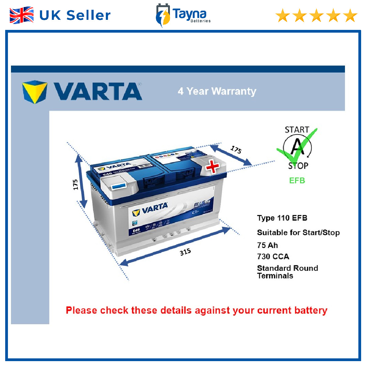 EFB Battery fits DODGE CHALLENGER CHARGER 2007 on Stop Start Varta 110 EFB 730A