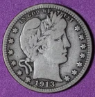 1913 ~ Barber Quarter ~ Rare Date ~ F ~ Original ~ Nice Tone ~ Low 484k Mintage