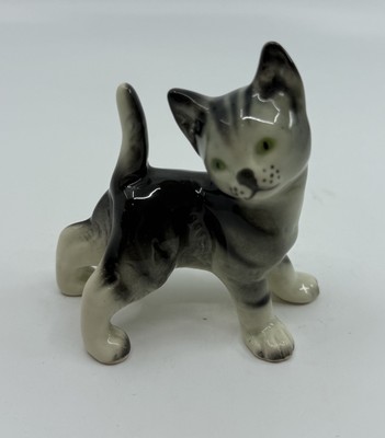 Vintage Striped Cat Figurine Green Eyes - Western Germany