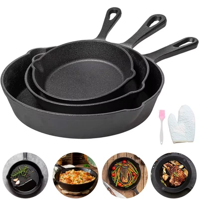 Lot 3 Poêles Fonte Ø17/21/26cm Induction Gaz Four BBQ Camping Cuisine Pro - Photo 1/4
