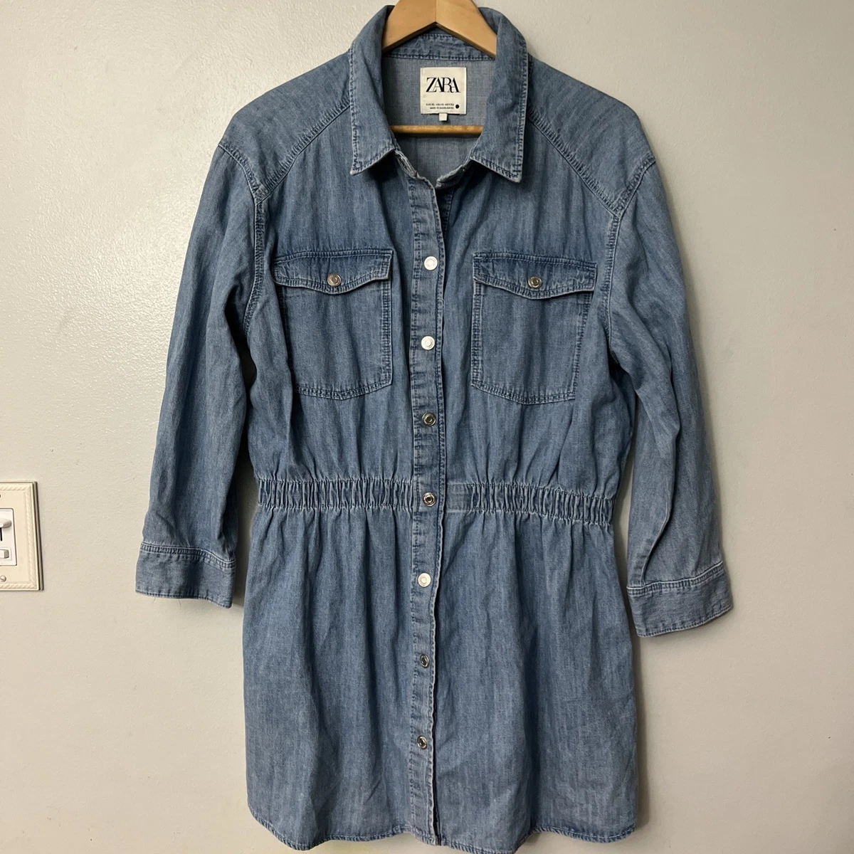 knee length dresses for ladies Cosmala Denim Long Sleeve Mini Dress / Indigo Blue | Meshki main image 0