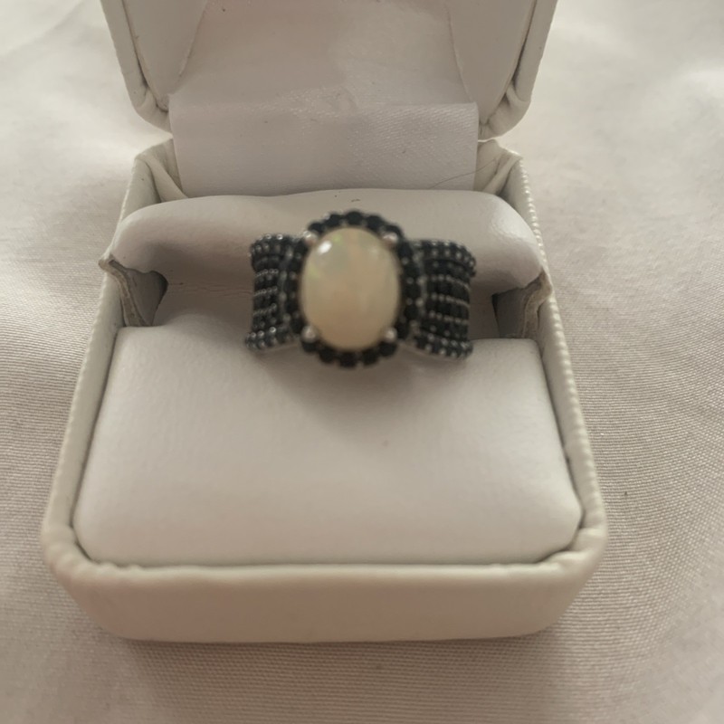 Cabochon Cut White Opal and Black Diamonds Sterling Silver Ring, Size 6.5