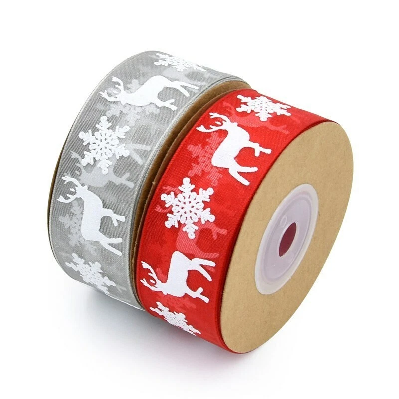 Satin Organza Ribbon Christmas gift Ribbon Wired Snowflake Elk Pattern 10M/Roll - Image 3 of 4