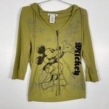 Disney Mickey Mouse Hoodie Womens Large Green Zip Up Waffle Knit Park Sweater