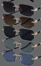 Unisex Rimless Rectangle Sunglasses Gold Metal Frame Black Lens