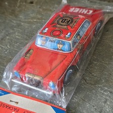 Vintage NOS Mid-Century Playful Action Tin Litho Fire Chief Friction Toy Car