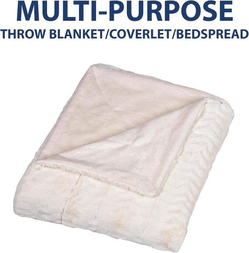 King Size Cream Faux Fur Mink Throw Blanket - Stylish Reversible Design - Picture 5 of 10