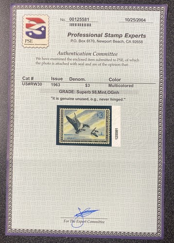 RW30 1963 $3 PSE Certified Superb 98, Mint OGnh Multicolored - Picture 3 of 4