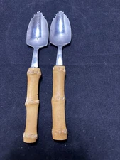 Bamboo Wooden Handle Stainless Grapefruit Spoon MCM Vintage Japan Set of 2