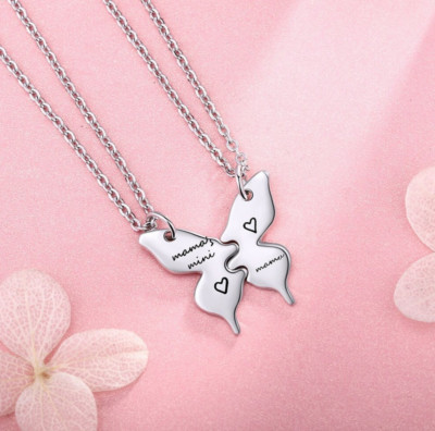 Exquisite 925 Sterling Silver Mother & Daughter Puzzle Engrave Butterfly Pendant