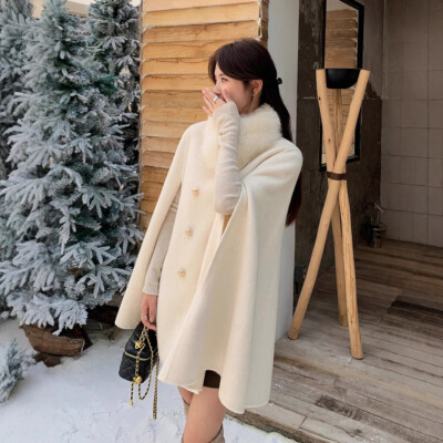 Fox Fur Collar Cashmere Cape Double-breasted Wool Coat Women