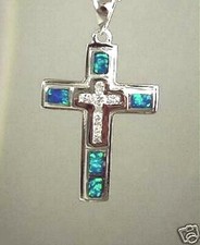 16MM RHODIUM 925 STERLING SILVER INLAID BLUE OPAL WHITE CZ 2-IN-1 CROSS PENDANT