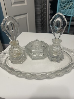LE Smith Vintage Clear Glass Beaded Medallion 7 Piece Vanity Set