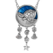Solid Sterling Silver Turtle Ocean Necklace 18 inch chain Lustrous Blue Enamel