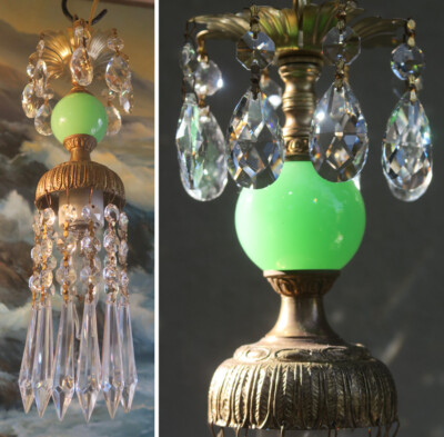 Brass SWAG plugin pendant lamp crystal prisms Jadeite Jade