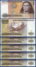 Perú 500 Intis 1987, UNC, LOTE DE 5 PIEZAS consecutivas, P-134B