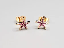 Starfish Stud Earrings, 18K Gold Plated Brass Studs, Garnet Stud Earrings