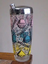 Vtg Art Deco Cocktail Shaker Colorful BELLS Happy Times Best Wishes Bon Voyage +