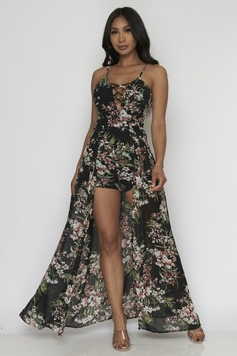 Black Floral Romper Maxi Dress Size 