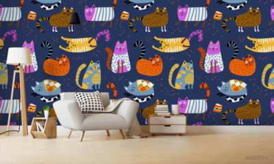3D Abstract Cartoon Colorful Cat Self-adhesive Removable Wallpaper Murals Wall