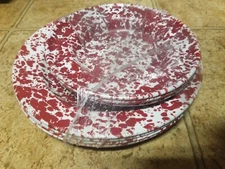 8 Pc Enameled Metal Round Red Speckled Dinner & Salad Camping Plates Brand New