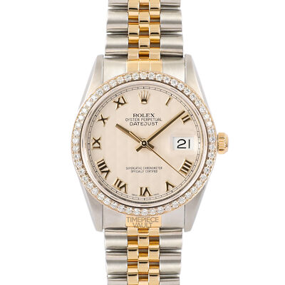 ROLEX DATEJUST 16233 GOLD STEEL 36MM IVORY PYRAMID ROMAN DIAL