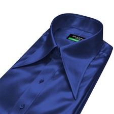 Men 70s Extra Long Spread Collar Shirt Navy Blue Shiny Satin Retro Stage Costume