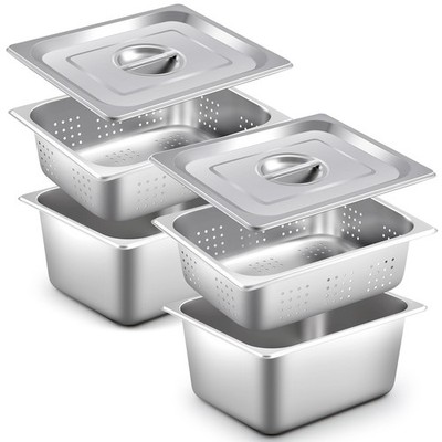 6 Pcs 1/2 Size Full Size Hotel Pan with Lid Set Include 2 Stainless Steel Pan...