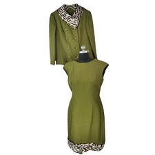 Vtg 2pc Suit Wool Union Made Green Leapord Fur Trim Skirt Jacket Small 60s 70s