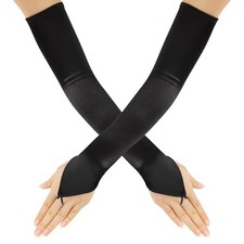 Satin Fingerless Long Gloves - Women's Formal Stretchy Elbow Length Opera Black