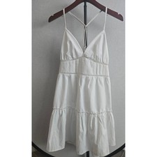 White Summer Tiered Mini Dress Spaghetti Straps Crochet Trim XL Bridal Shower
