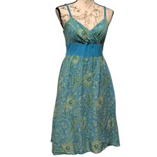 Derek Heart Y2K Paisley Dress Large Blue Green Knee Length Empire Waist Twee